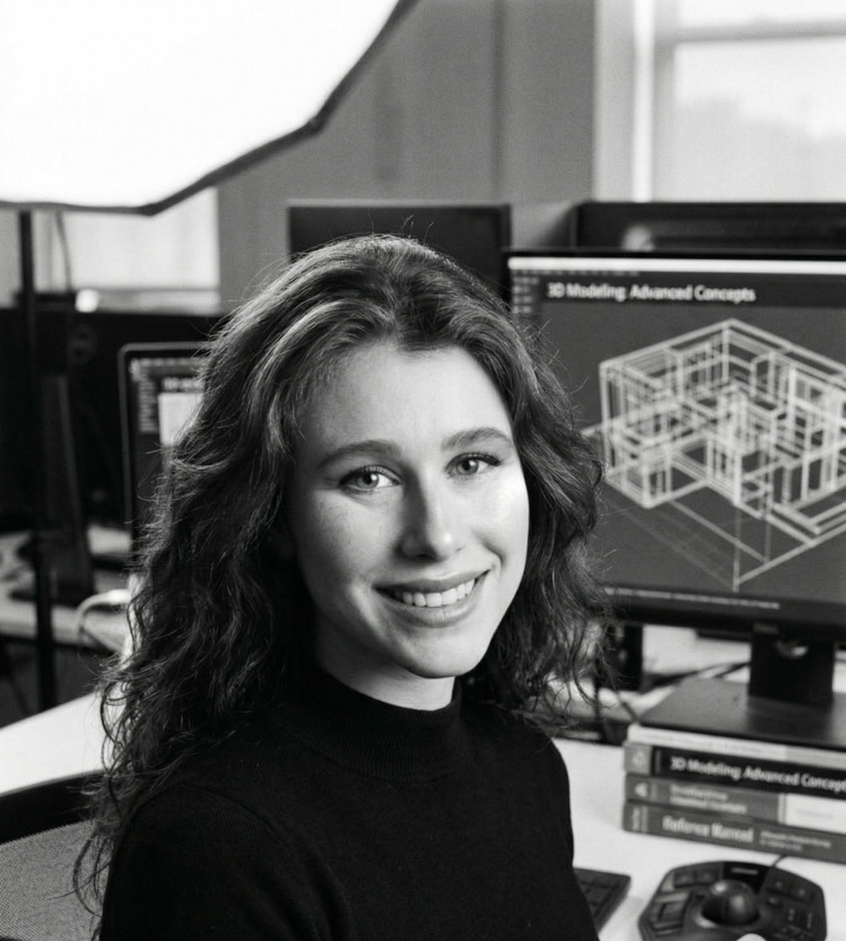 Professional black and white portrait of instructor Elizabeth in a studio with a 3D architectural wireframe on a monitor in the background.